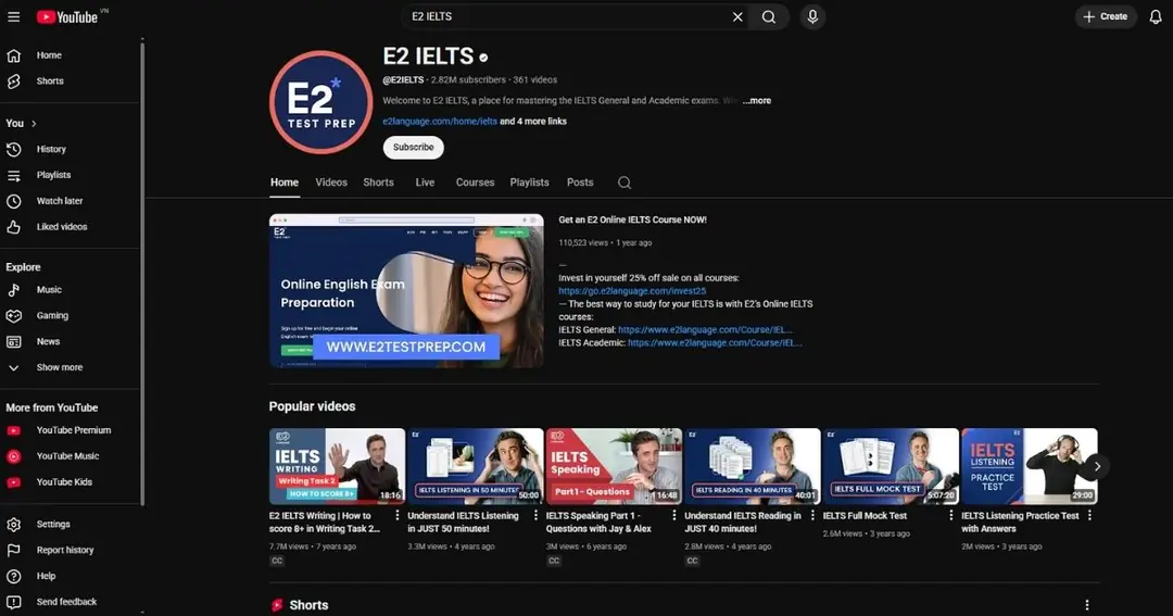 E2 IELTS – Kênh quốc tế cung cấp video luyện thi sát đề thật, bài tập theo kỹ năng