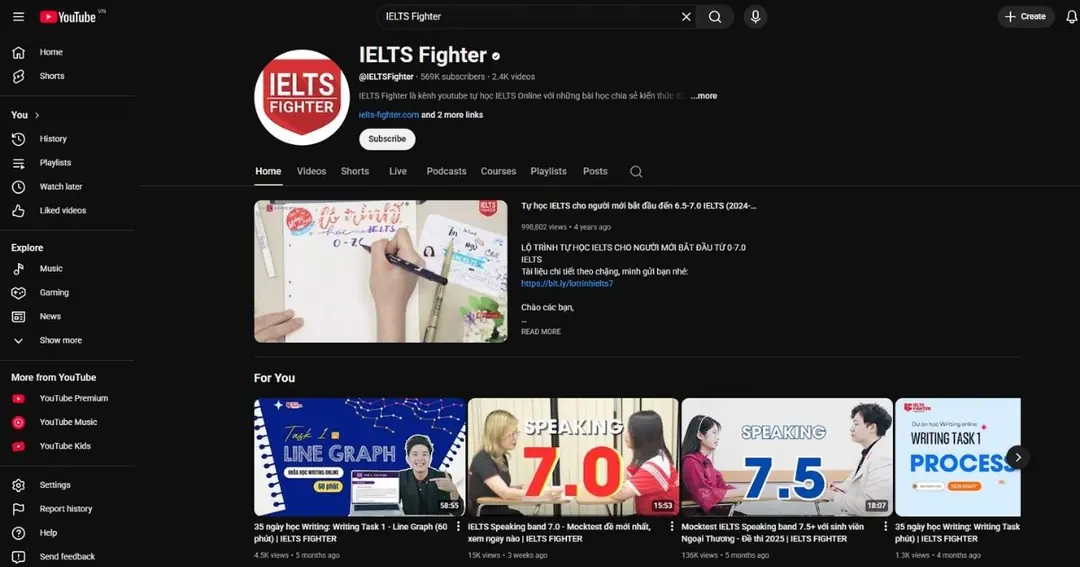 IELTS Fighter – Kênh nổi tiếng ở Việt Nam, cung cấp đầy đủ 4 kỹ năng: Listening, Speaking, Reading, Writing.
